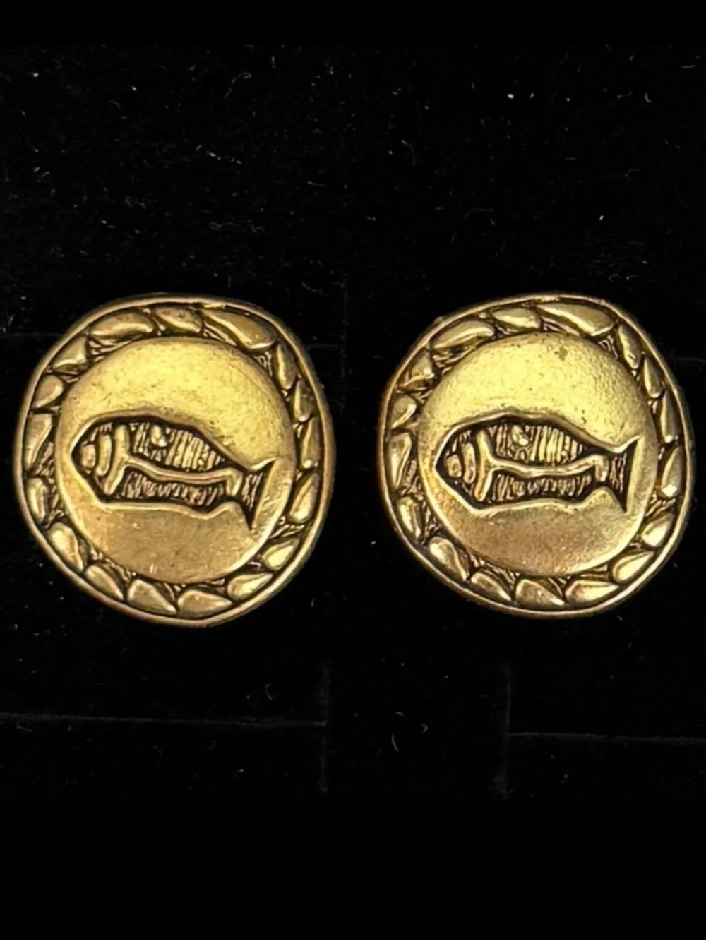 Vintage aged goldtone, etched fish pierced earrings